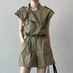 Short-Sleeve Plain Drawstring Romper