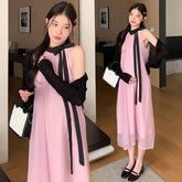 Maternity Sleeveless Tie-Neck Two Tone Midi A-Line Dress / Bolero Cardigan