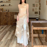 Sleeveless Stand Collar Asymmetrical Slit Lace A-Line Dress / Elastic Waist Plain Wide Leg Pants
