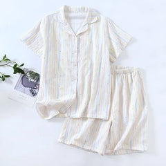 Pajama Set: Short-Sleeve Lapel Collar Striped Button Top + Lounge Shorts