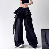 Drawstring Waist Lace Panel Layered Skirt Overlay Baggy Cargo Pants