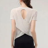 Short-Sleeve Crew Neck Plain Open Back Sports T-Shirt