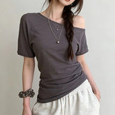 Short-Sleeve Asymmetrical Neck Off-Shoulder Plain Ruched T-Shirt