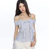 Short-Sleeve Cold Shoulder Striped Ruffle Trim Slim Fit Top