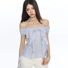 Short-Sleeve Cold Shoulder Striped Ruffle Trim Slim Fit Top