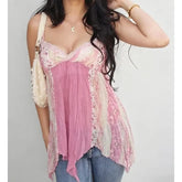 Halter-Neck Lace Trim Panel A-Line Camisole Top