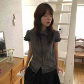 Short-Sleeve Collared Plaid Ruffle Trim Button Up Shirt
