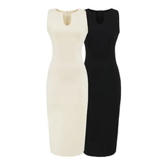 Sleeveless V-Neck Plain Midi Sheath Dress