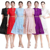 Short Sleeve Mock Neck Plain Crochet Lace Midi A-Line Dress