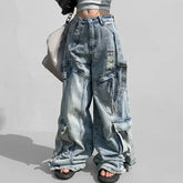 Mid Waist Washed Cargo Baggy Jeans