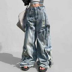 Mid Waist Washed Cargo Baggy Jeans