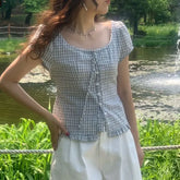 Short Sleeve Scoop Neck Plaid Frill Blouse