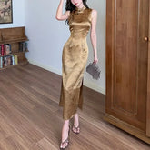 Sleeveless Stand Collar Tie Dye Slit Satin Midi Sheath Qipao