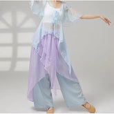 Elbow-Sleeve V-Neck Tie Front Plain Dance Top / High Waist Asymmetrical Skirt Overlay Wide Leg Pants