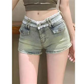 Low Rise Washed Lace Trim Denim Hot Pants