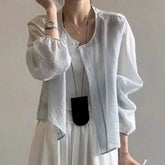Puff-Sleeve Plain Button-Up Blouse