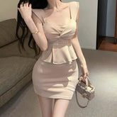 Sleeveless Square Neck Plain Peplum Mini Sheath Dress