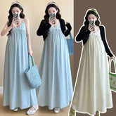 Spaghetti Strap Plain Ruffled Midi A-Line Dress / Shrug / Maternity Set