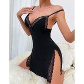 Spaghetti Strap V-Neck Lace Trim Slit Nightdress