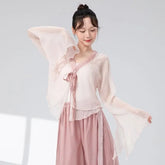 Bell-Sleeve Tie-Front Layered Mesh Dance Top