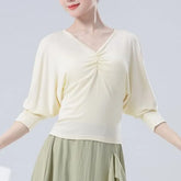 Puff-Sleeve V-Neck Plain Shirred Dance Top