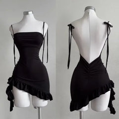 Spaghetti Strap Plain Open Back Ruffle Asymmetrical Mini Bodycon Dress
