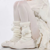 Pom Pom Fleece Panel Ribbed Knit Leg Warmers