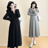 Maternity Long-Sleeve Henley Contrast Trim Midi A-Line Dress