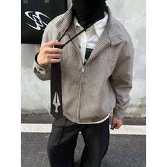 Collared Houndstooth Zip-Up Jacket
