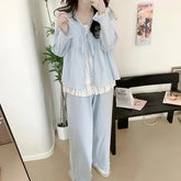 Pajama Set: V-Neck Striped Ruffle Tie Front Jacket + High Waist Straight Leg Pants + Plain Camisole Top