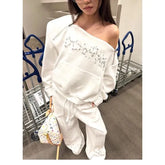 Off-Shoulder Safety Pin Accent Zipped Sweatshirt / Drawstring Waist Baggy Sweatpants