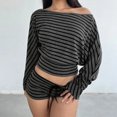 Long Sleeve Off Shoulder Striped Slim-Fit Crop Top / Low Waist Hot Pants