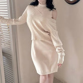 Set: Sleeveless Mock Neck Plain Sheath Knit Dress + Long-Sleeve Ribbed Knit Top