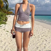 Halter V-Neck Plaid Tankini Set