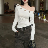Long-Sleeve Off Shoulder Plain Ruched Tee / Mid Rise Camouflage Baggy Pants / Faux Leather Belt / Set