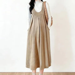 Maternity Long-Sleeve Mock Neck Plain T-Shirt / Scoop Neck Pleated Midi A-Line Overall Dress / Set