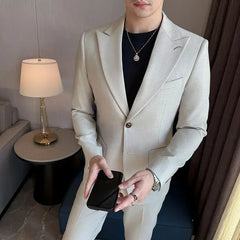 Peak Lapel Single-Breasted Plain Blazer / Mid Rise Straight Leg Dress Pants / Set