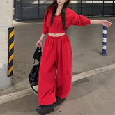 Plain Cropped Zip Hoodie / Drawstring Waist Baggy Sweatpants