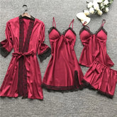 Pajama Set: Satin Panel Lace Camisole Top + Spaghetti Strap Nightdress + Shorts + Robe
