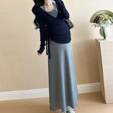 Maternity Set: Halter Neck Plain Knit Midi Dress + V-Neck Plain Knit Top