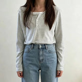 Mock Two-Piece Long-Sleeve Henley Striped T-Shirt