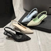 Tweed Pointed Toe Plaid Kitten Heel Slingback Mules