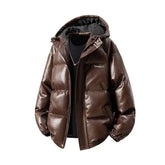 Hooded Plain Faux Leather Puffer Jacket