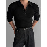 Long-Sleeve Plain Knit Polo Shirt
