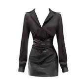 Set: Long-Sleeve Plain Shirt + High Waist Mini Pencil Skirt