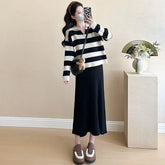 Maternity Collar Striped Sweater / Sleeveless Square Neck Plain Midi A-Line Knit Dress / Set