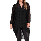 Long-Sleeve V-Neck Dotted Mesh High Low Tunic Blouse