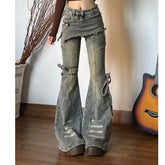 Mid Waist Washed Skirt Overlay Bell Bottom Jeans