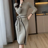 Long Sleeve Mock Neck Contrast Trim Tie-Waist Ribbed Knit Midi Sheath Dress