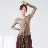 Long-Sleeve V-Neck Plain Ruffle Trim Dance Top